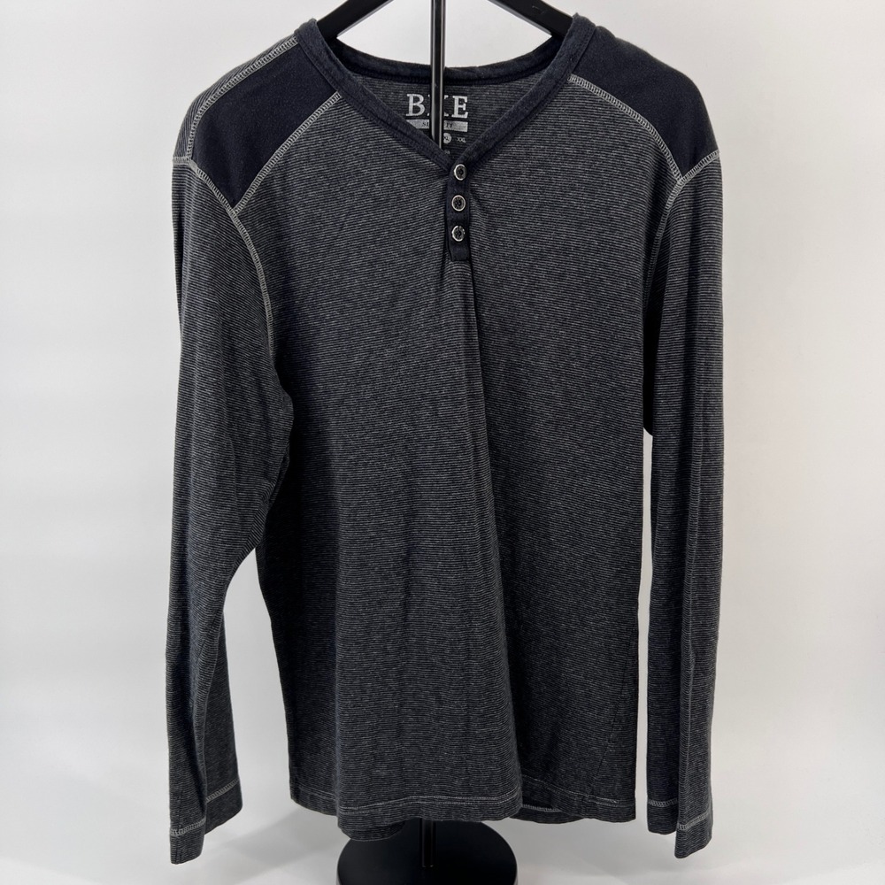 BKE Mens Slim Fit Henley Shirt Charcoal‎ Grey Striped Long Sleeve Cotton XL